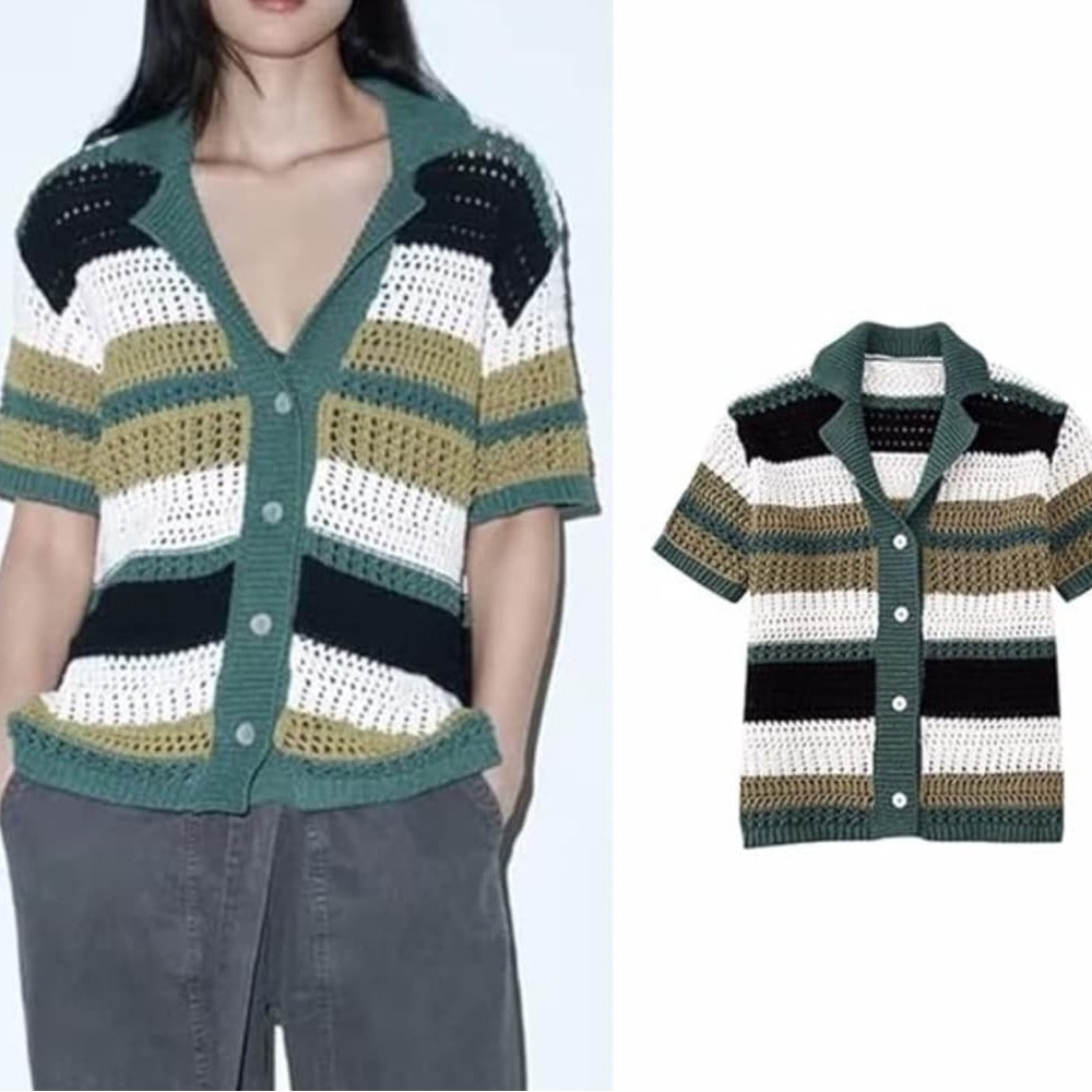 Zara Colorblock Striped Button Down Crochet Knit Polo Cardigan Sweater, Medium - Picture 4 of 14